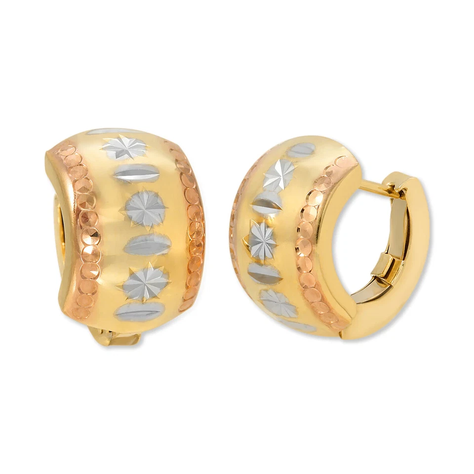 14K Multi Tone Gold Multi Pattern Design Round Cuff Earrings - 14mm x 9mm - Image 1 of 1