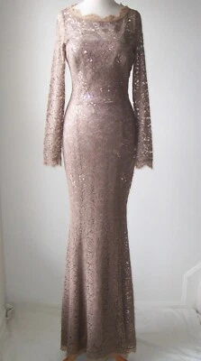BLUMARINE Mocha Cotton Lace Crystal Embellished Open Back Dress Gown 42  4  6 - Image 1 of 4