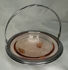 US Glass Pink Depression Roses and Thorn Berry Bowl Handled Footed Dish 1930s