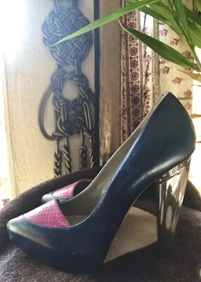 *Gio Diev* Blue And Pink Leather Chrome Metal Heels 37 US 7 Handmade In Italy - Image 1 of 4