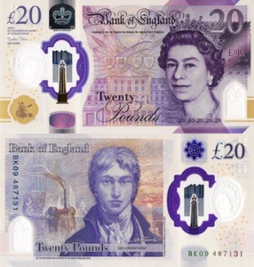 ENGLAND, 20 POUNDS, 2020 P-NEW, NEW DESIGN, POLYMER, Q. Elizabeth II, UNC - Picture 1 of 3