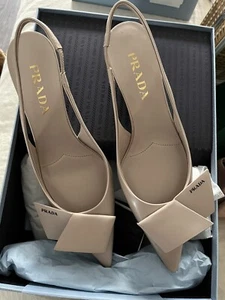 Prada Slingback Kitten Heels Bow Appliqué Beige Nude Leather Size 37 NIB - Picture 1 of 3