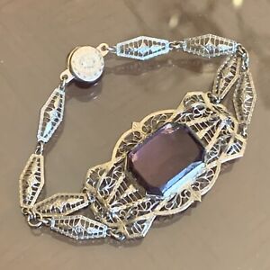 Antique Art Deco Hinged Bangle Bracelet Rhodium Plated Filigree Purple Stone 7”