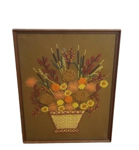 Vtg Crewel Embroidery Hand Stitched Fall Arrangement Basket Framed Flowers Decor - Picture 1 of 11