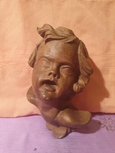 Ancienne tête d ange chérubin putti en bois sculpté - Foto 1 di 10