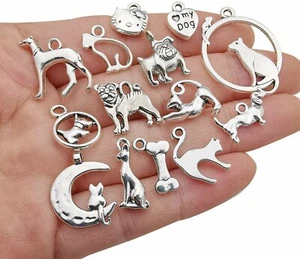 10 Dog Charms Cat Pendants Assorted Charms Lot Paw Print Antiqued Silver Mix - Picture 1 of 2