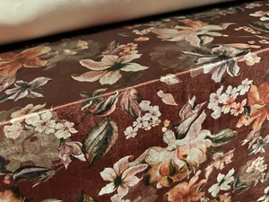 Stretch Spandex Velvet Fabric, Per Metre - Lily Floral Print - Chestnut Brown - Picture 1 of 4