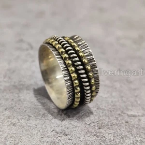 SPRING BEADED SPINNER BAND 925 STERLING SILVER MEDITATION 2 TONE RING ALL SIZES - Picture 1 of 5