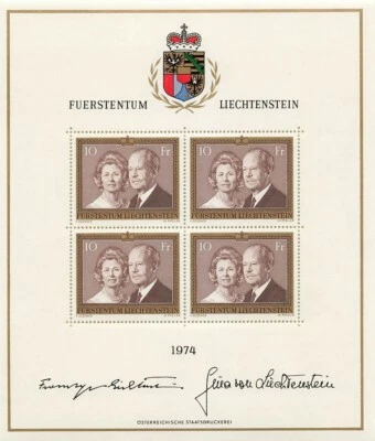 Folha de lembrança Liechtenstein 557_1 príncipe Joseph princesa Gina, sem marca de charneira - Imagem 1 de 2