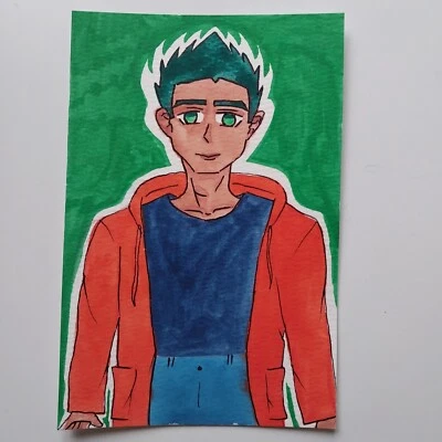 Pintura Sindy Fuhr Gouache Hecha a Mano Estilo Anime Arte Pop Título Green Guy B Foto 1 de 2