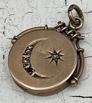 Vintage Antique 10K Rose Gold Locket Pendant w Genuine Diamonds Crescent Moon - Image 1 of 4