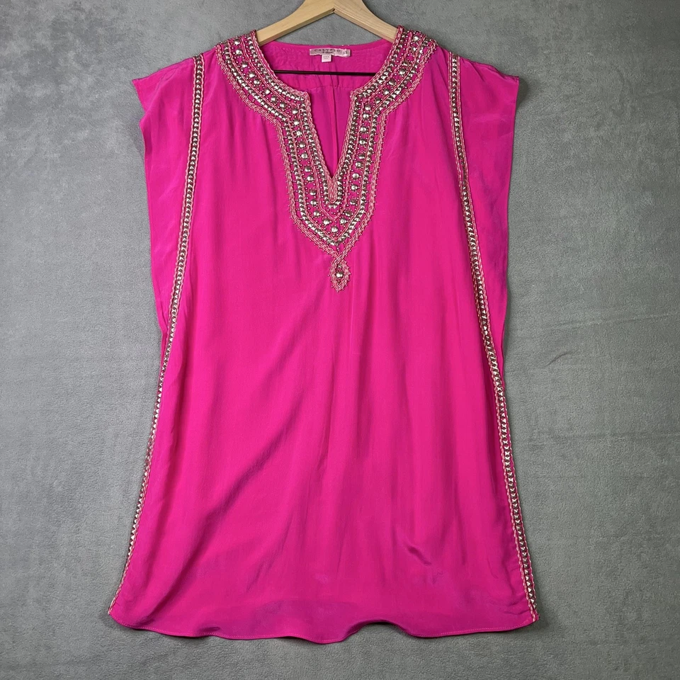 Calypso St. Barth Dress Womens XS Pink Silk Beaded Embellished Tunic Boho Resort - Image 1 of 4