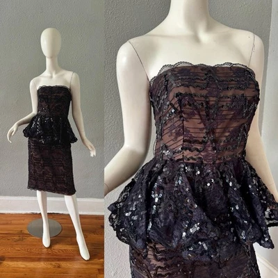 Vintage 60s Strapless Black ILLUSION Lace Peplum Pencil Cocktail Dress S - Image 1 of 4
