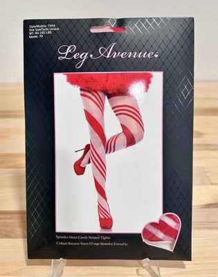 New Leg Avenue Red/White Spandex Sheer Candy Striped Tights One Size 90-165lbs - Image 1 of 4
