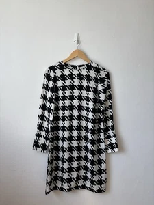 Jaeger Black White Houndstooth Check Print Shift Dress Size 6 Long Sleeve - Picture 1 of 7
