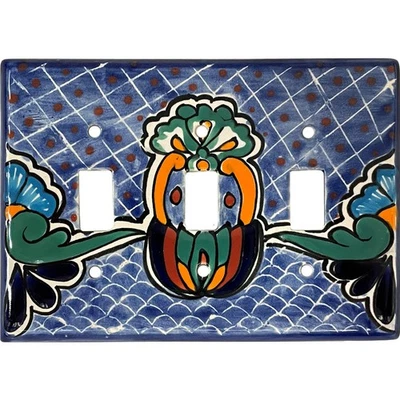 Placa de Pared Cerámica Mexicana TalaMex Malla Azul Triple Palanca Interruptor Placa Foto 1 de 3