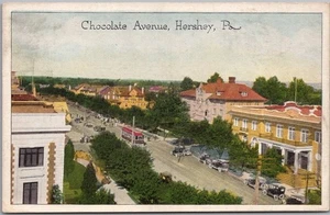 c1920s HERSHEY, Pennsylvania Postcard "Chocolate Avenue" Street View / Trolley - Bild 1 von 2