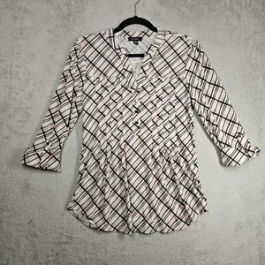 Cocomo Ivory Beige Black Tunic Top Plaid Check Print Pleated Silver Studded Sz S - Picture 1 of 18