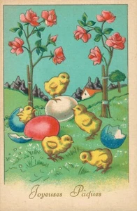 Feliz Pascua pollitos viniendo de huevos de Pascua postal vintage 08.08 - Imagen 1 de 2