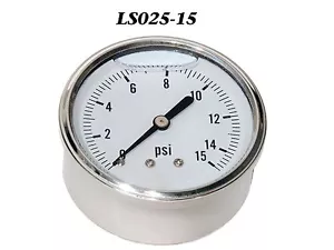 Pressure Gauge 0-15 PSI, Liquid Filled 2.5” Stainless Steel 1/4" NPT CBM - Picture 1 of 4