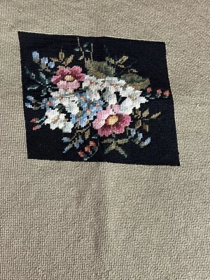 Vtg Preworked Stitched Needlepoint Green & Black Multifloral Chair Pillow Cover - Image 1 of 4