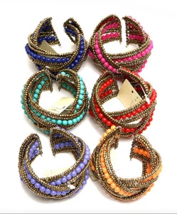 DESIGNER INSPIRED PIINK BLUE PURPLE RED ORANGE BRONZE BEAD O/S CUFF BRACELET NEW - Picture 1 of 3