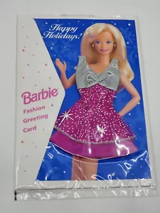 Barbie Puppe Fashion Grußkarte Happy Holidays versiegelt rosa silber Kleid - Bild 1 von 2