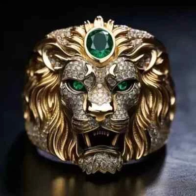 3 Ct Round Simulated Emerald Men's King Lion Band Ring 14K Yellow Gold Plated - Image 1 of 4