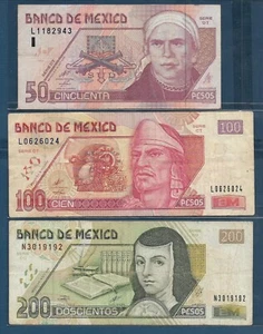 Mexico 50 100 200 Pesos 3Pcs Lot, 2000, P 117a 118a 119a, VF / VF pinholes / VF - Picture 1 of 2