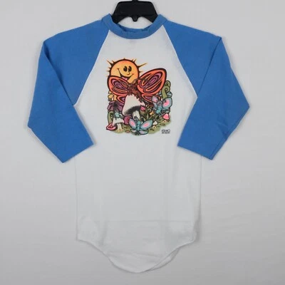 Vintage Mushroom Sunshine Adult Unisex White/Blue Graphic Baseball T-Shirt - Image 1 of 4