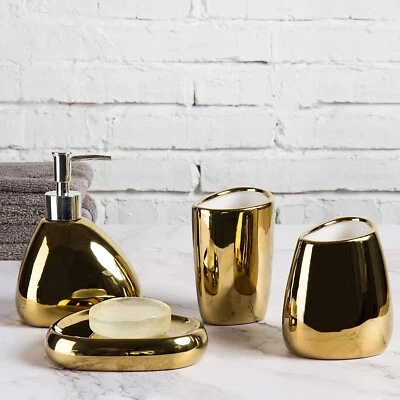MyGift 4 Piece Modern Gold Ceramic Bathroom Accessory Set - Image 1 of 4