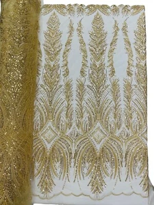 Beaded Line Fabric - Gold - Luxury Bridal Line Pattern Beaded Fabric By Yard - Picture 1 of 5