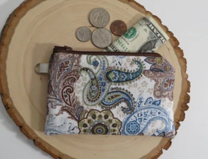 Coin Purse zipper key ring pouch/keyring Blue & Brown Paisley Print Gift for her - Picture 1 of 2