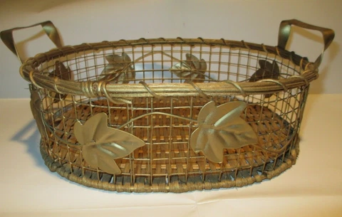Unique Gold Wicker Basket, Wood & Metal, Gold Color Paint, Basket with Handles Cover