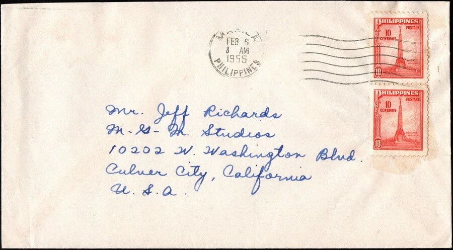 Philippines Cover to the USA 1947 - 10 Cents Red Orange Bonifacio Monument Pair - Image 1 of 1