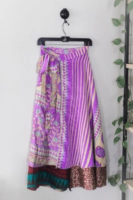 Falda envolvente Sari 100 % seda reversible púrpura roja Boho Maxi India OSFM ajustable Foto 1 de 4