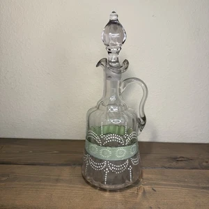 Vintage Clear Glass Decanter Handle Stopper Green White Design Decoration - Picture 1 of 16