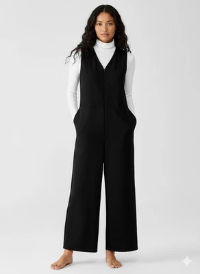 NUEVO CON ETIQUETAS Mono Eileen Fisher Cuello en V Tobillo en Negro Lavable Flex Ponte Cremallera Frontal L Foto 1 de 4