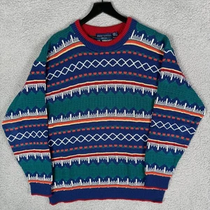 Vintage Men's Knit Sweater Stripe Large Geometric John Weitz USA Made Hand Knit - Picture 1 of 8