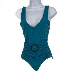 Traditioneller Badeanzug mit geraffter Kunstschnalle in Blaugrün Größe Small - Bild 1 von 4