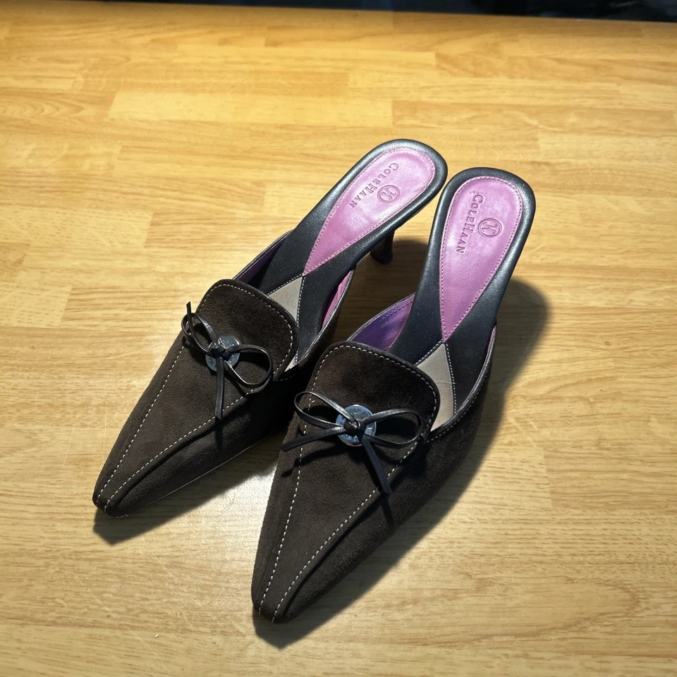 Colehaan 女式 8.5 码棕色麂皮绒高跟鞋巴西制造一脚蹬鞋 — 第 1/4 张图片