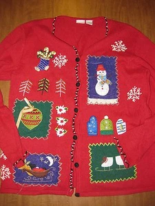 CHRISTMAS SWEATER vtg med 1980s Santa ramie snowman Cherokee ice-skates cardigan - Picture 1 of 1