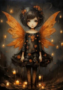 Handmade Halloween Fairy #4 - 7x10 Craft Cotton Quilting Fabric Block - Picture 1 of 1