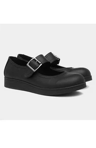LADIES/GIRLS BLACK BUCKLE BAR SHOES PUMPS DOLLY MARY JANE FLAT WORK SCHOOL - Picture 1 of 5