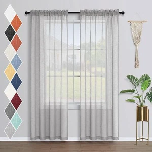 Silver Grey Sheer Curtains 84 Inches Long For Living Room Rod Pocket Voile Linen - Picture 1 of 7
