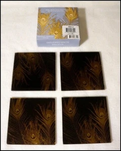 Set of 4 Glass with Gold Foil Peacock Feathers Drink Coaster #A2471 - Picture 1 of 5