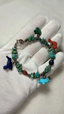 Pulsera con cuentas con dijes de animales fetiche malaquita coral turquesa lapislázuli 7 pulgadas Foto 1 de 4