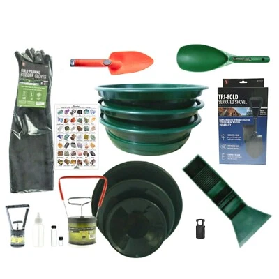 18 Piece Deluxe GOLD MINER'S Mining Kit w/ Pocket Sluice, Shovels, Pans & More! - Image 1 of 4