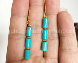 Natural 6x9mm Blue Turquoise Barrel Gems Beads Dangle Gold Hook Earrings - Picture 1 of 3