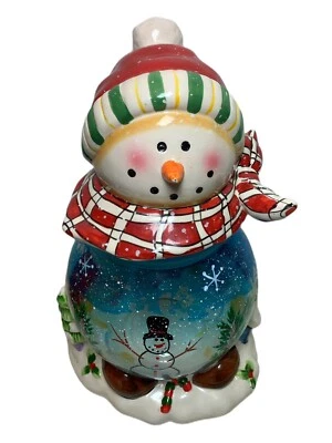 Snowman Cookie Jar Hand Paint Glass Base Snowflakes Christmas 12” X 7.5” Foto 1 de 4